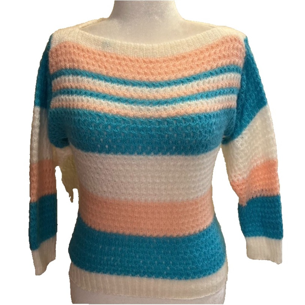 Americana Knitting‎ Mills Crochet Sweater M Stripe Knit Vtg Girlhood Preppy 80s